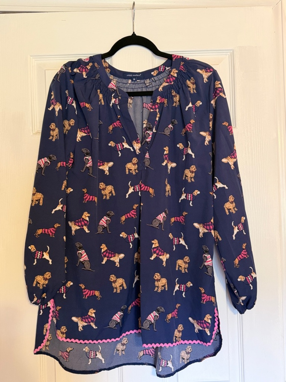 Simply Southern Dog Print Navy Peasant Blouse